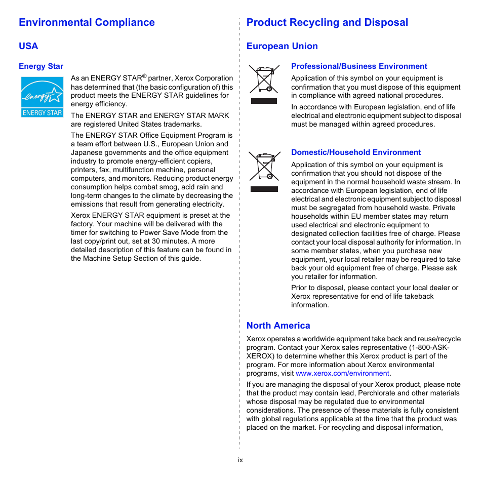 Environmental compliance, Product recycling and disposal | Xerox Phaser 3300MFP User Manual | Page 14 / 148