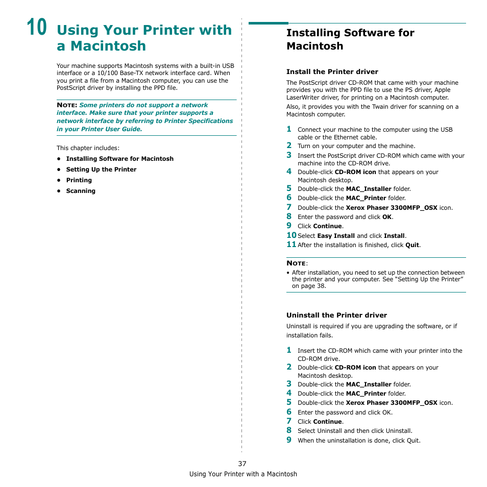 Using your printer with a macintosh, Installing software for macintosh, Chapter 10 | Xerox Phaser 3300MFP User Manual | Page 141 / 148