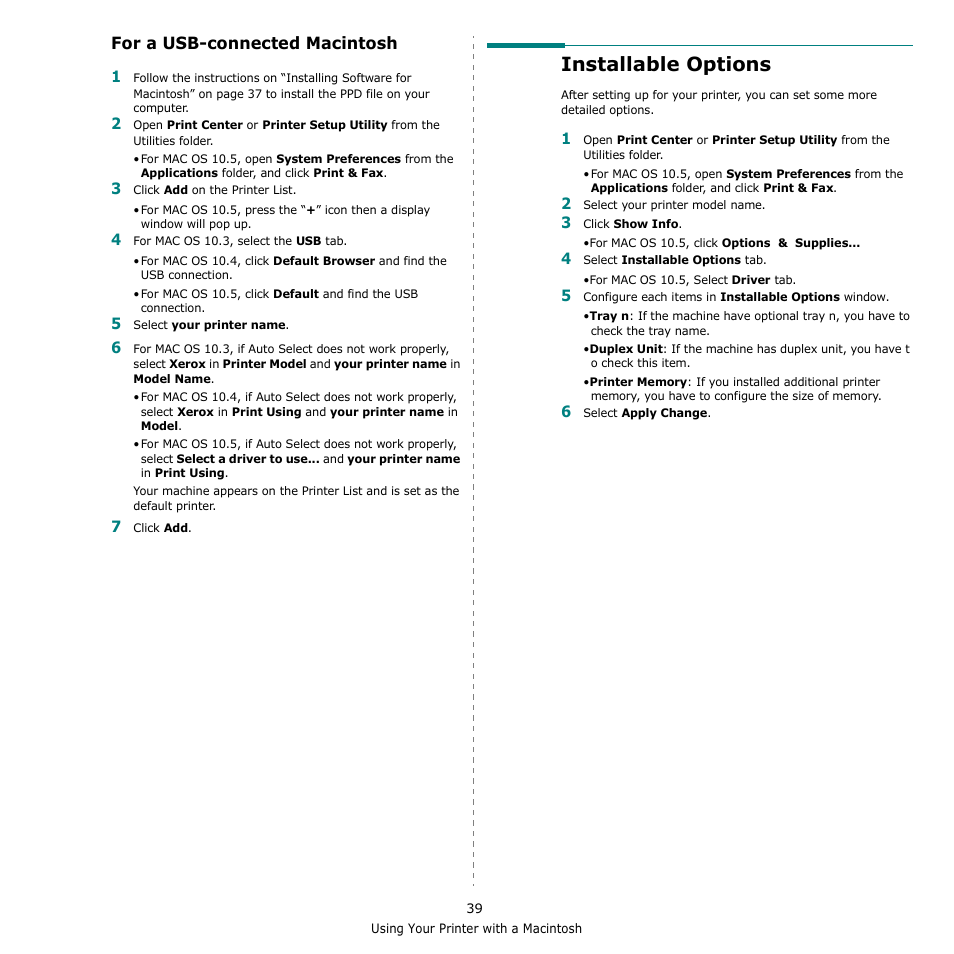 For a usb-connected macintosh, Installable options | Xerox Phaser 3300MFP User Manual | Page 143 / 148