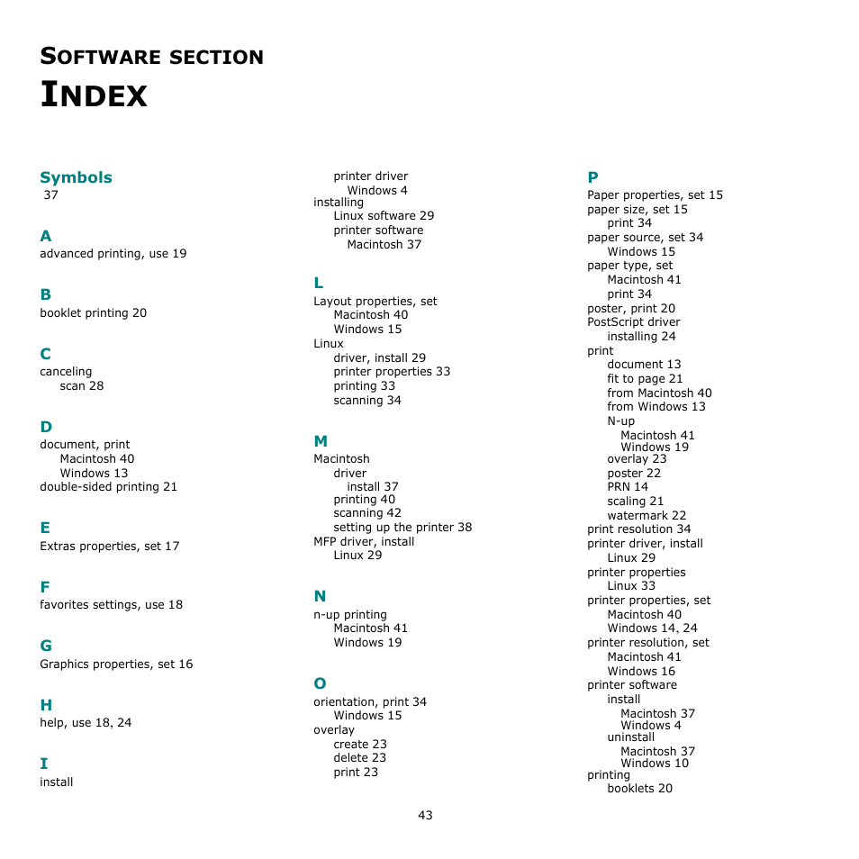 Software section index, Symbols, Ndex | Oftware | Xerox Phaser 3300MFP User Manual | Page 147 / 148