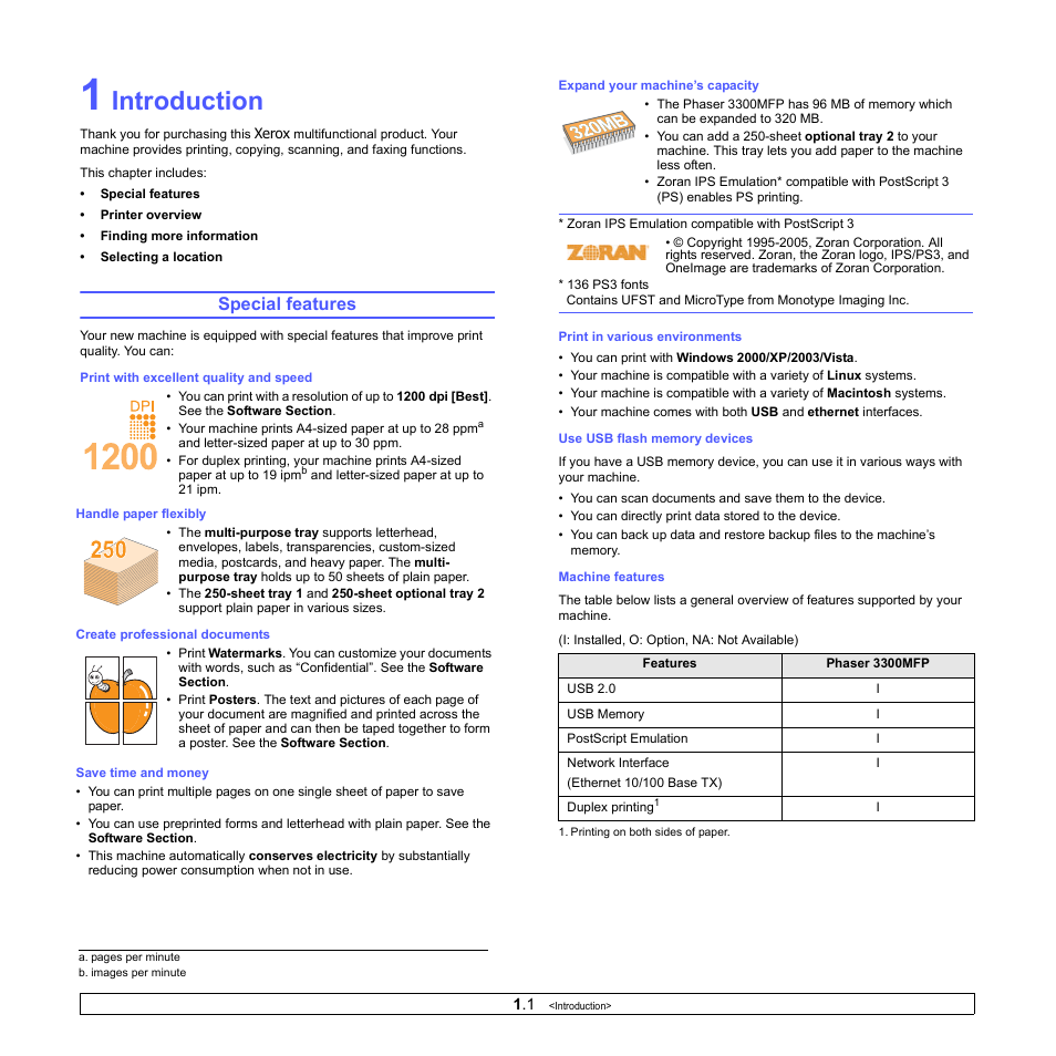 Introduction, Special features | Xerox Phaser 3300MFP User Manual | Page 16 / 148