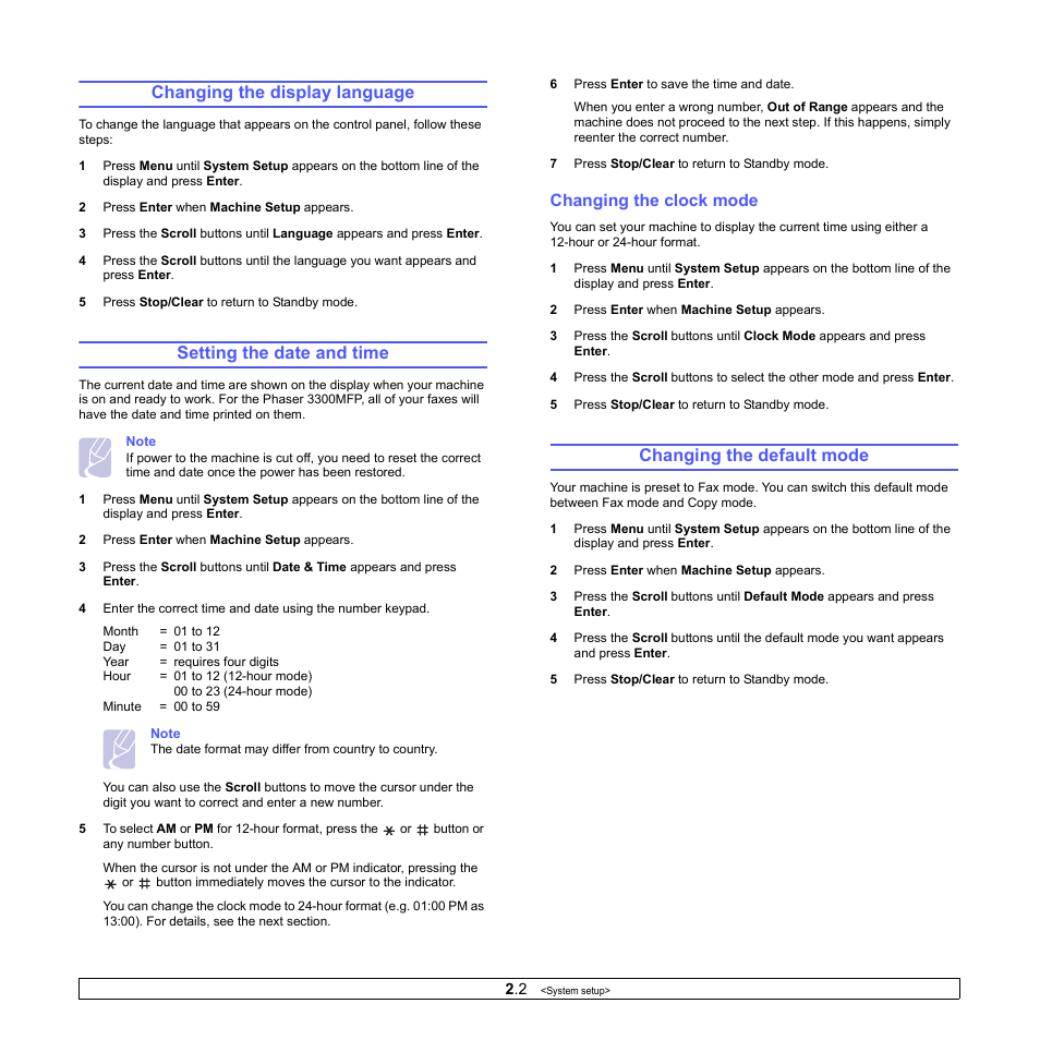 Changing the display language, Setting the date and time, Changing the clock mode | Changing the default mode | Xerox Phaser 3300MFP User Manual | Page 21 / 148