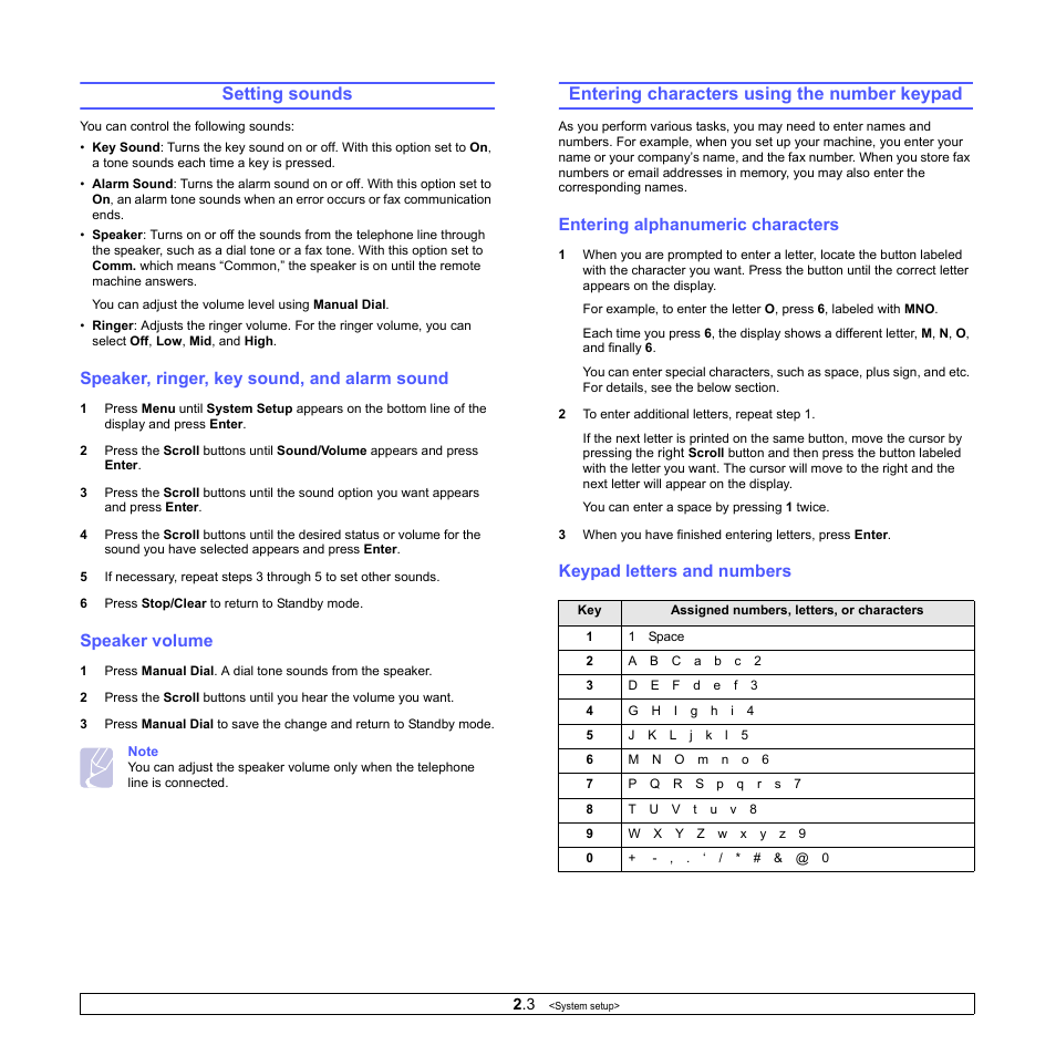 Setting sounds, Speaker, ringer, key sound, and alarm sound, Speaker volume | Entering characters using the number keypad, Entering alphanumeric characters, Keypad letters and numbers | Xerox Phaser 3300MFP User Manual | Page 22 / 148