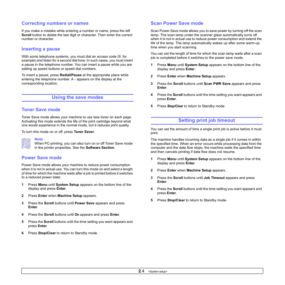 Correcting numbers or names, Inserting a pause, Using the save modes | Toner save mode, Power save mode, Scan power save mode, Setting print job timeout, Using the save modes setting print job timeout | Xerox Phaser 3300MFP User Manual | Page 23 / 148