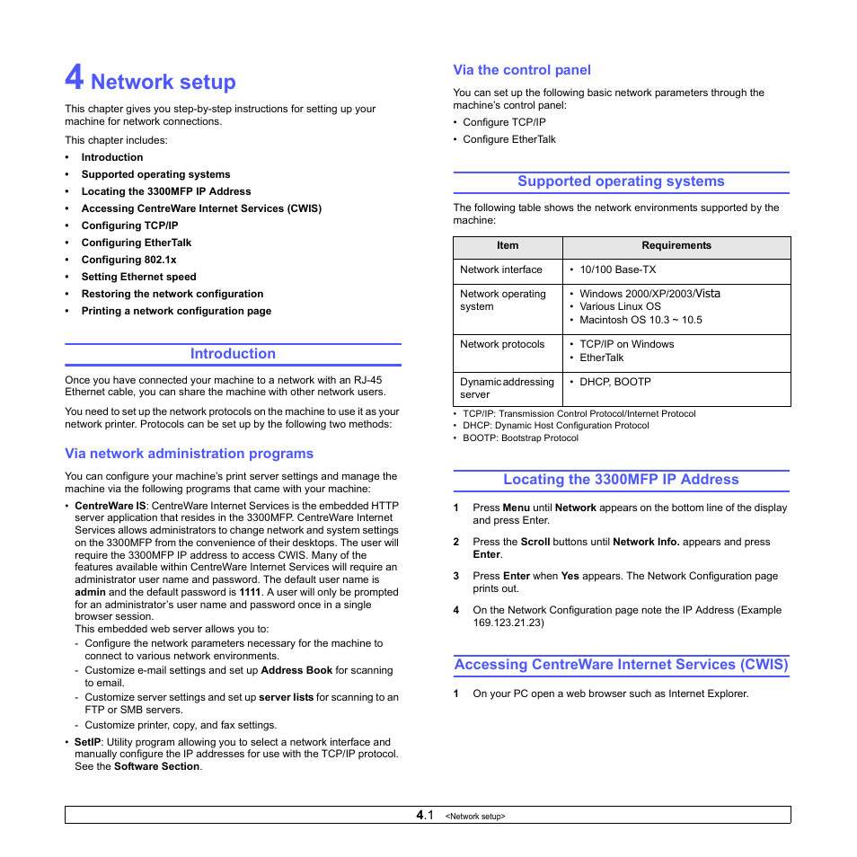 Network setup, Introduction, Via network administration programs | Via the control panel, Supported operating systems, Locating the 3300mfp ip address, Accessing centreware internet services (cwis) | Xerox Phaser 3300MFP User Manual | Page 27 / 148