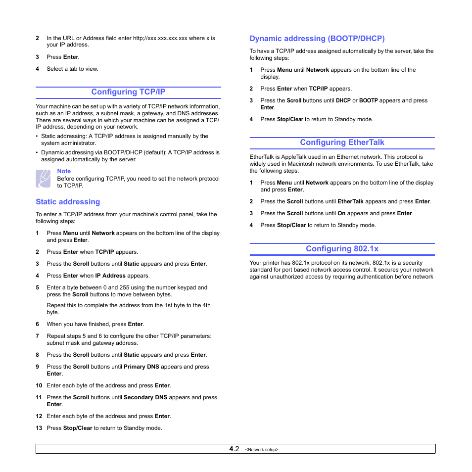 Configuring tcp/ip, Static addressing, Dynamic addressing (bootp/dhcp) | Configuring ethertalk, Configuring 802.1x | Xerox Phaser 3300MFP User Manual | Page 28 / 148