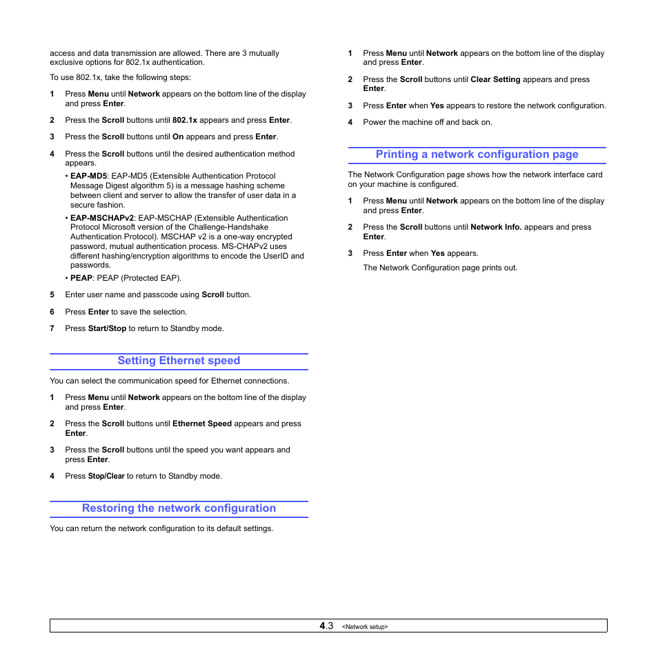 Setting ethernet speed, Restoring the network configuration, Printing a network configuration page | Xerox Phaser 3300MFP User Manual | Page 29 / 148