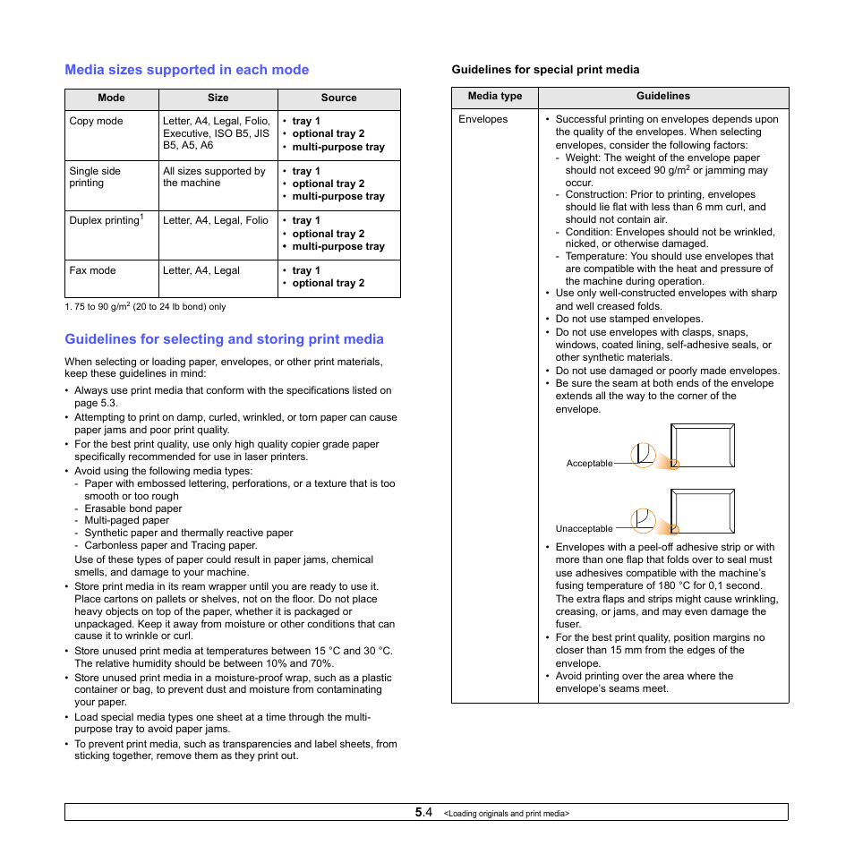 Media sizes supported in each mode, Guidelines for selecting and storing print media | Xerox Phaser 3300MFP User Manual | Page 33 / 148