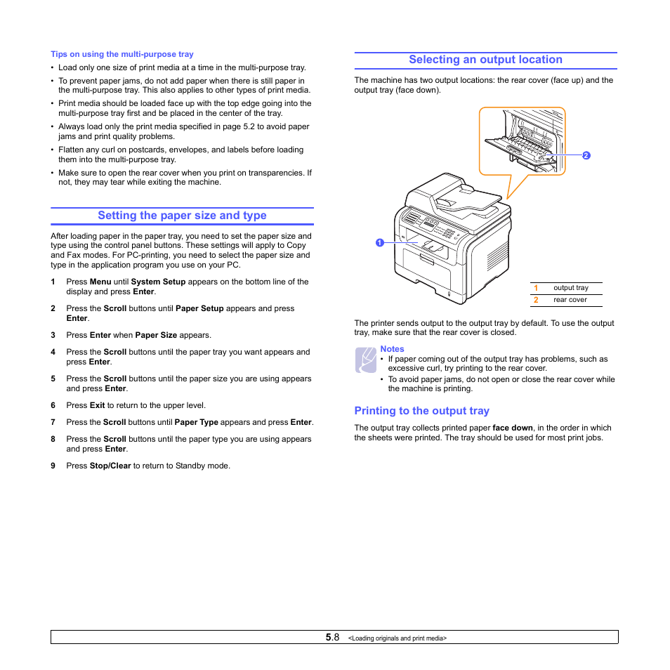 Setting the paper size and type, Selecting an output location, Printing to the output tray | Xerox Phaser 3300MFP User Manual | Page 37 / 148