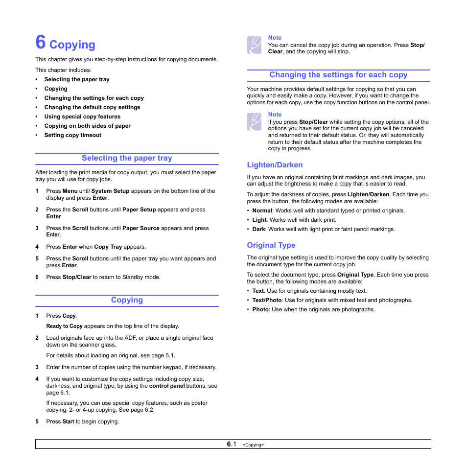 Copying, Selecting the paper tray, Changing the settings for each copy | Lighten/darken, Original type | Xerox Phaser 3300MFP User Manual | Page 39 / 148