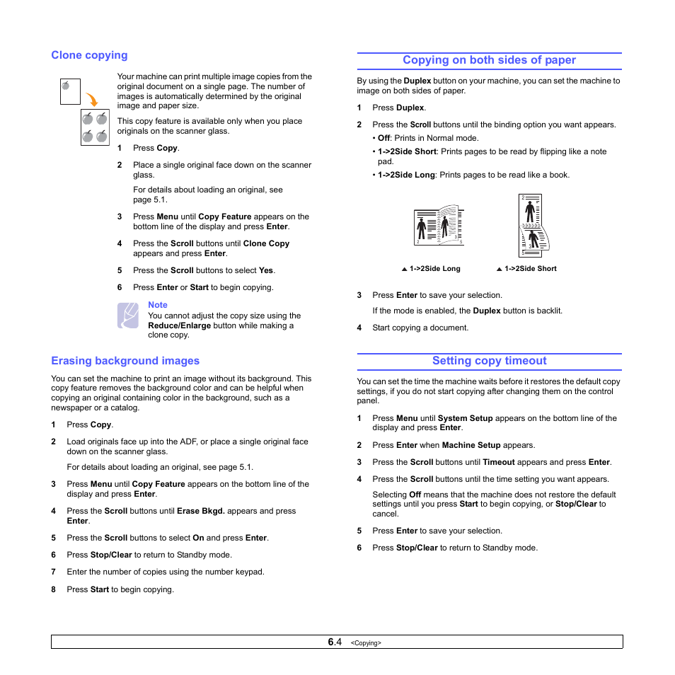 Clone copying, Erasing background images, Copying on both sides of paper | Setting copy timeout, Clone copying erasing background images | Xerox Phaser 3300MFP User Manual | Page 42 / 148