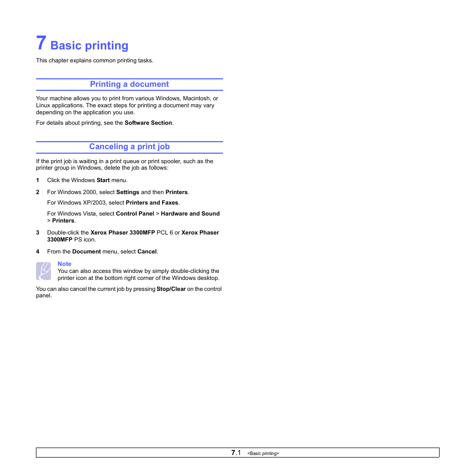 Basic printing, Printing a document, Canceling a print job | Printing a document canceling a print job | Xerox Phaser 3300MFP User Manual | Page 43 / 148