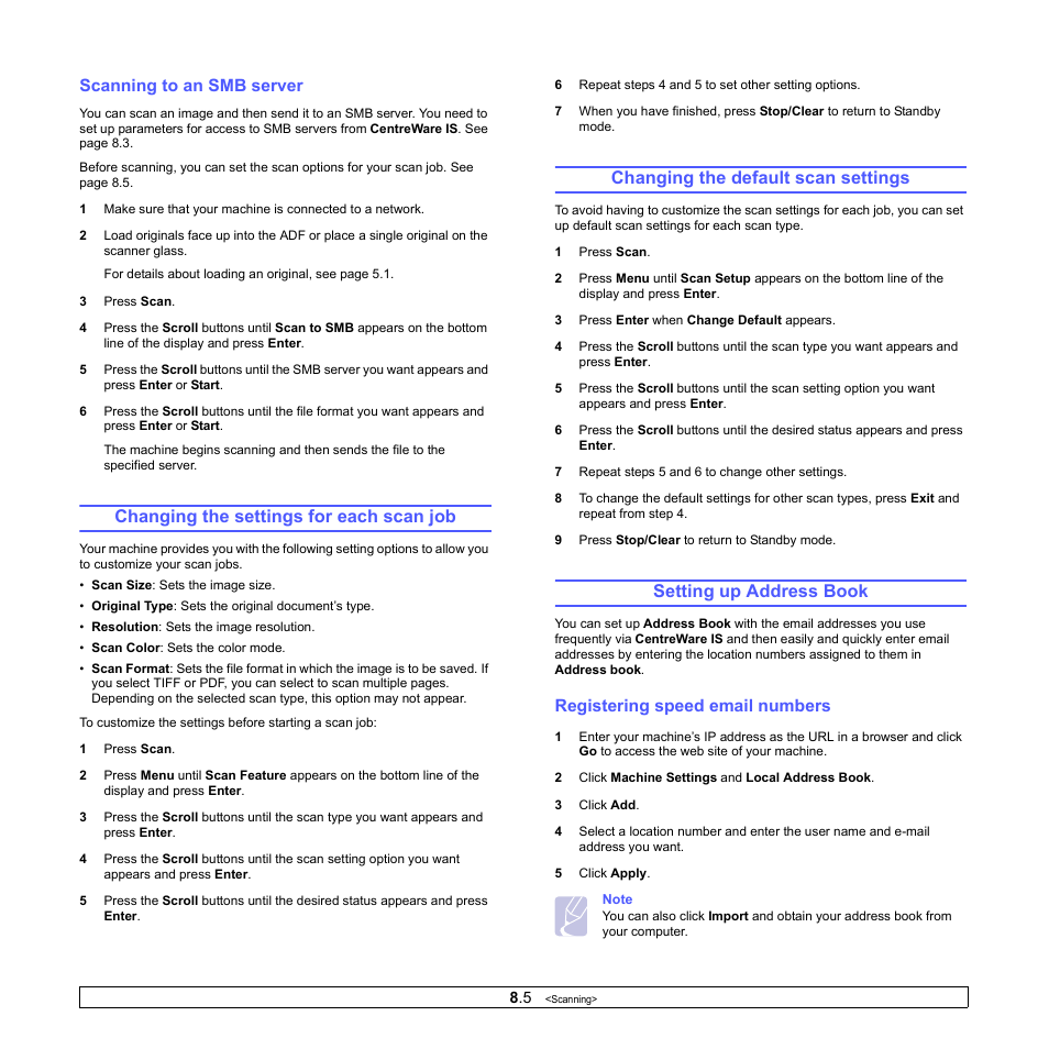 Scanning to an smb server, Changing the settings for each scan job, Changing the default scan settings | Setting up address book, Registering speed email numbers | Xerox Phaser 3300MFP User Manual | Page 48 / 148