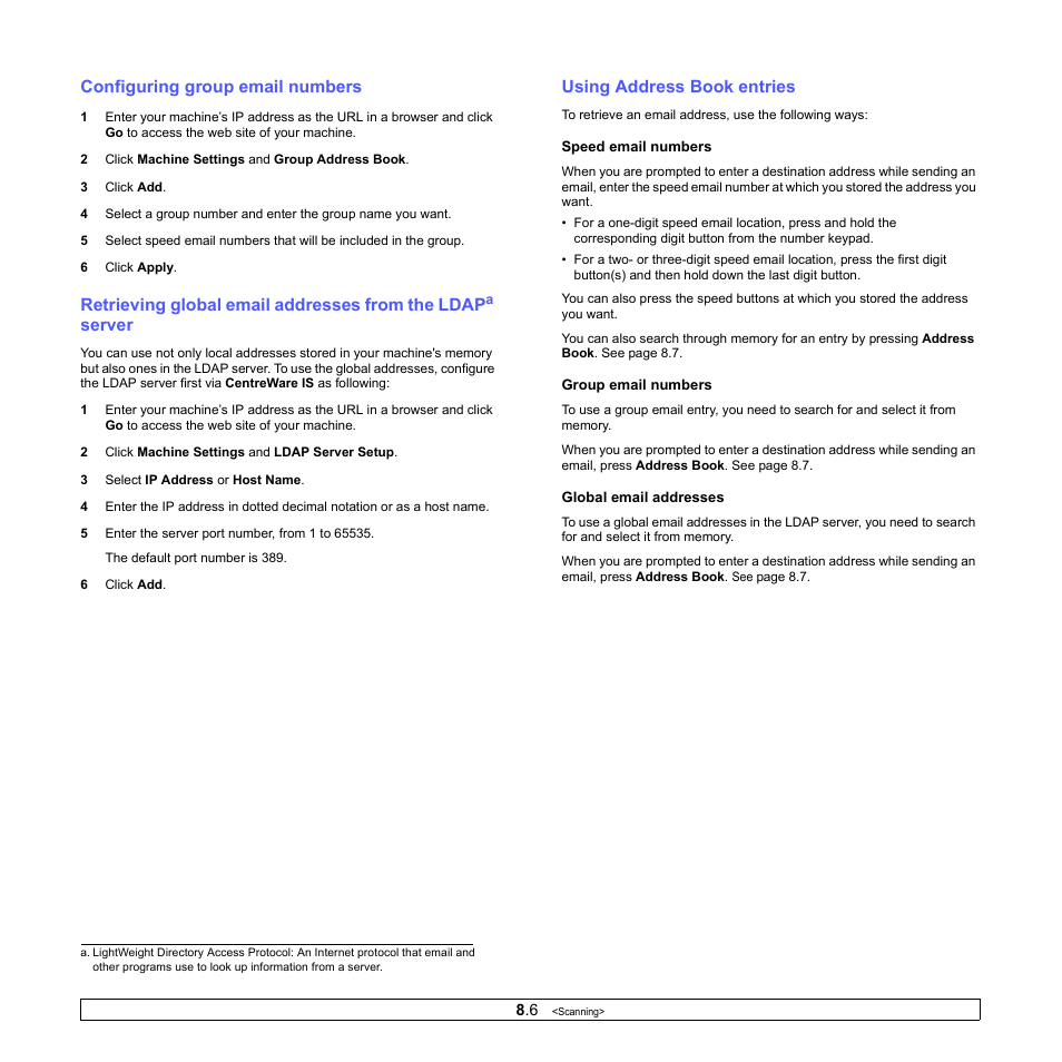 Configuring group email numbers, Using address book entries, Retrieving global email addresses from the ldap | Server | Xerox Phaser 3300MFP User Manual | Page 49 / 148