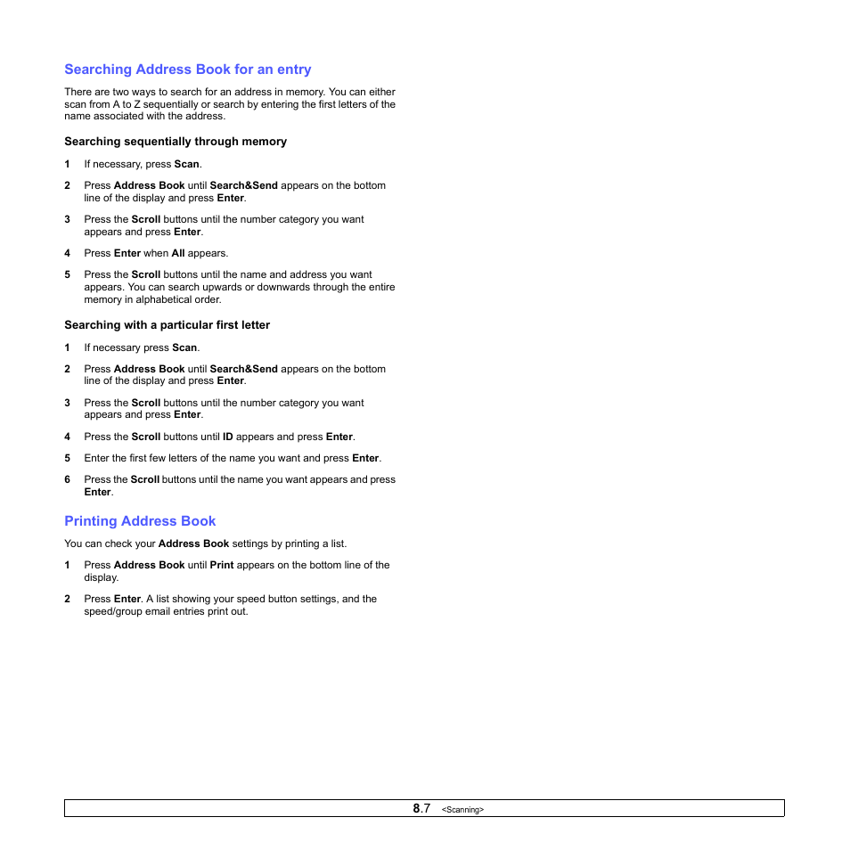 Searching address book for an entry, Printing address book | Xerox Phaser 3300MFP User Manual | Page 50 / 148