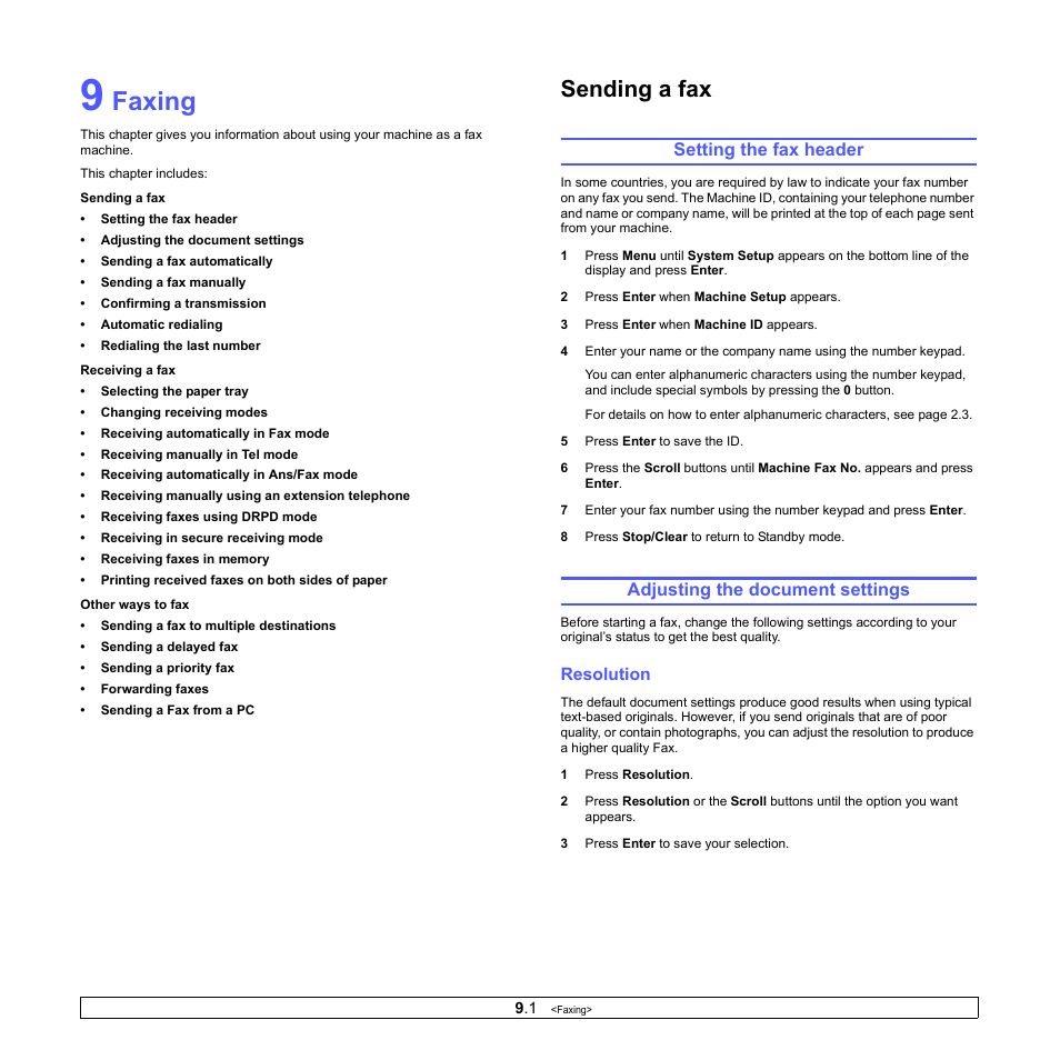 Faxing, Setting the fax header, Adjusting the document settings | Resolution, Sending a fax | Xerox Phaser 3300MFP User Manual | Page 51 / 148