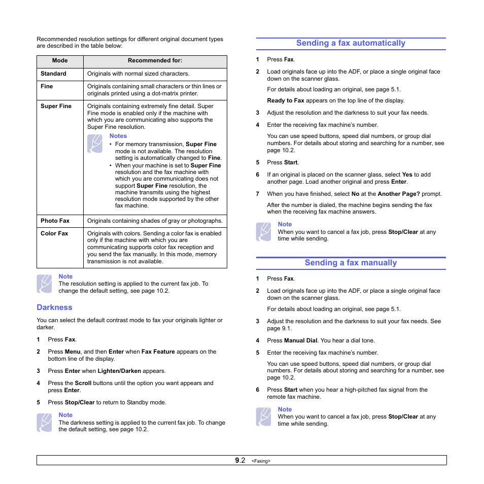 Darkness, Sending a fax automatically, Sending a fax manually | Sending a fax automatically sending a fax manually | Xerox Phaser 3300MFP User Manual | Page 52 / 148