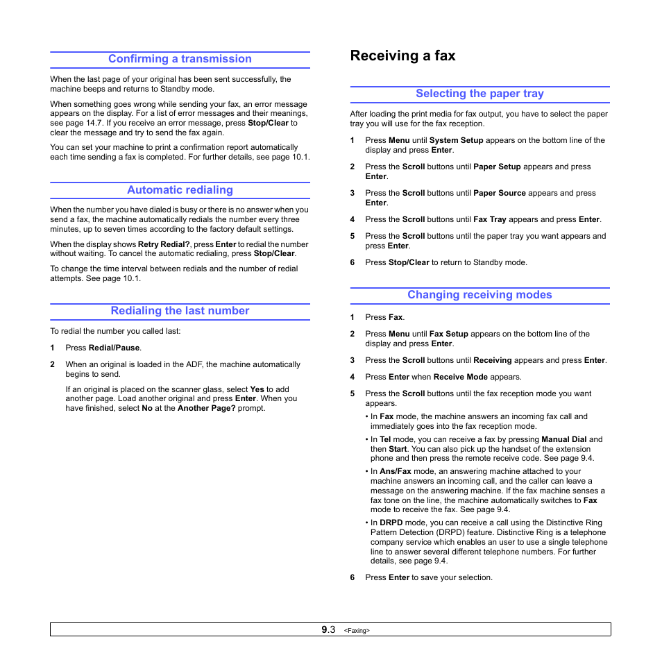 Confirming a transmission, Automatic redialing, Redialing the last number | Selecting the paper tray, Changing receiving modes, Receiving a fax | Xerox Phaser 3300MFP User Manual | Page 53 / 148