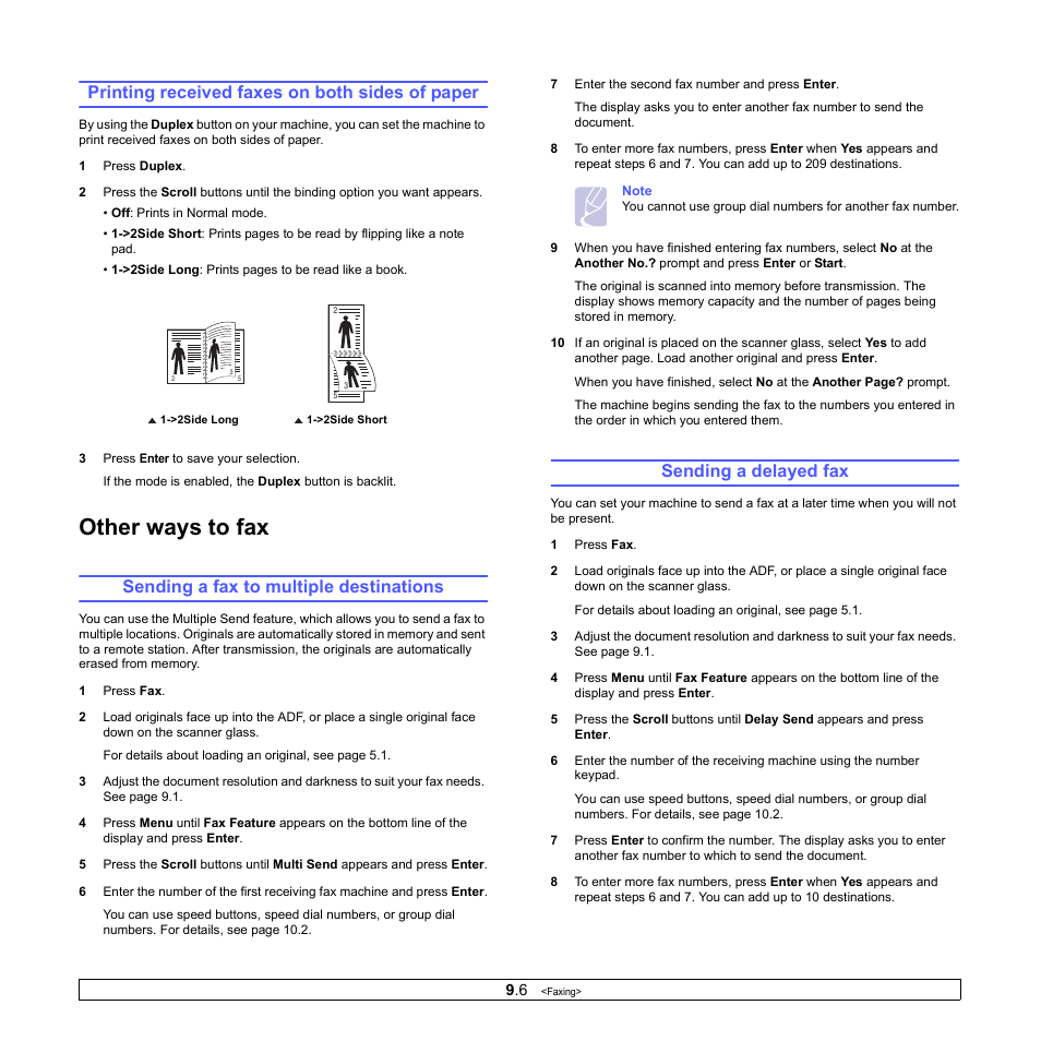 Printing received faxes on both sides of paper, Sending a fax to multiple destinations, Sending a delayed fax | Other ways to fax | Xerox Phaser 3300MFP User Manual | Page 56 / 148