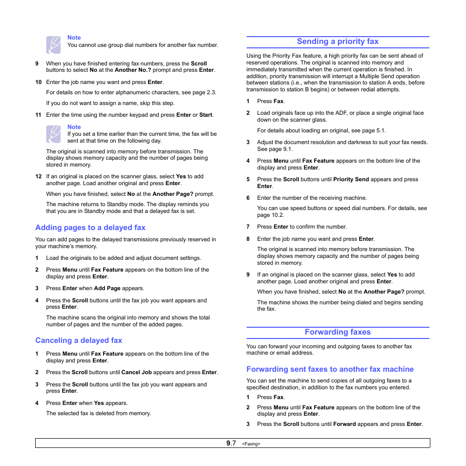 Canceling a delayed fax, Sending a priority fax, Forwarding faxes | Forwarding sent faxes to another fax machine, Sending a priority fax forwarding faxes, Adding pages to a delayed fax | Xerox Phaser 3300MFP User Manual | Page 57 / 148