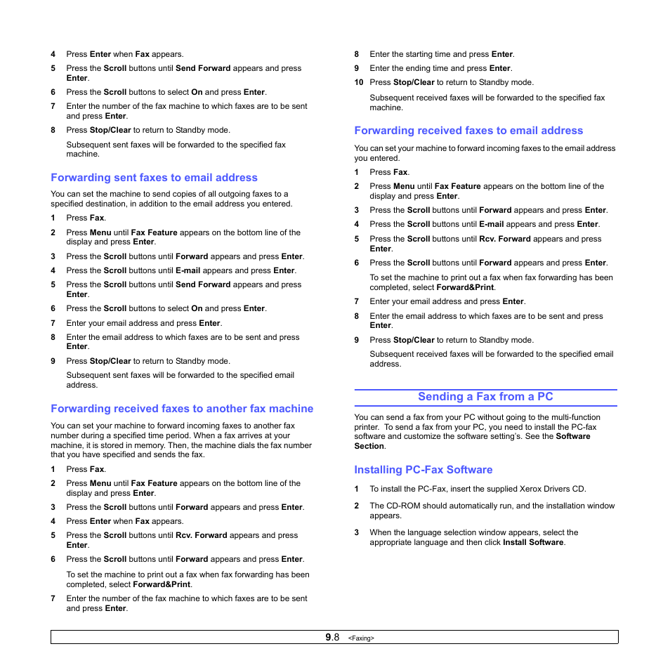 Forwarding sent faxes to email address, Forwarding received faxes to another fax machine, Forwarding received faxes to email address | Sending a fax from a pc, Installing pc-fax software | Xerox Phaser 3300MFP User Manual | Page 58 / 148