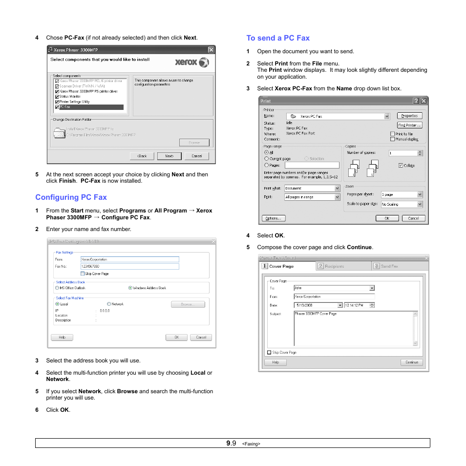 Configuring pc fax, To send a pc fax | Xerox Phaser 3300MFP User Manual | Page 59 / 148