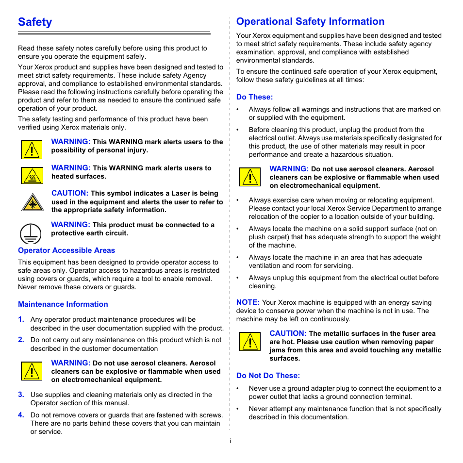 Safety, Operational safety information | Xerox Phaser 3300MFP User Manual | Page 6 / 148