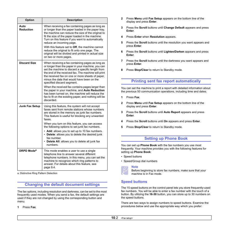 Changing the default document settings, Printing sent fax report automatically, Setting up phone book | Speed buttons, Ge 10.2 | Xerox Phaser 3300MFP User Manual | Page 62 / 148