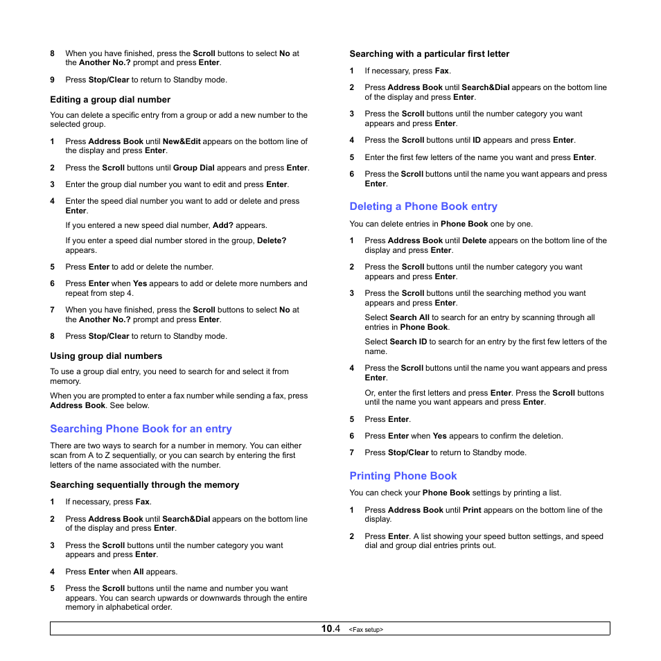 Searching phone book for an entry, Deleting a phone book entry, Printing phone book | Xerox Phaser 3300MFP User Manual | Page 64 / 148