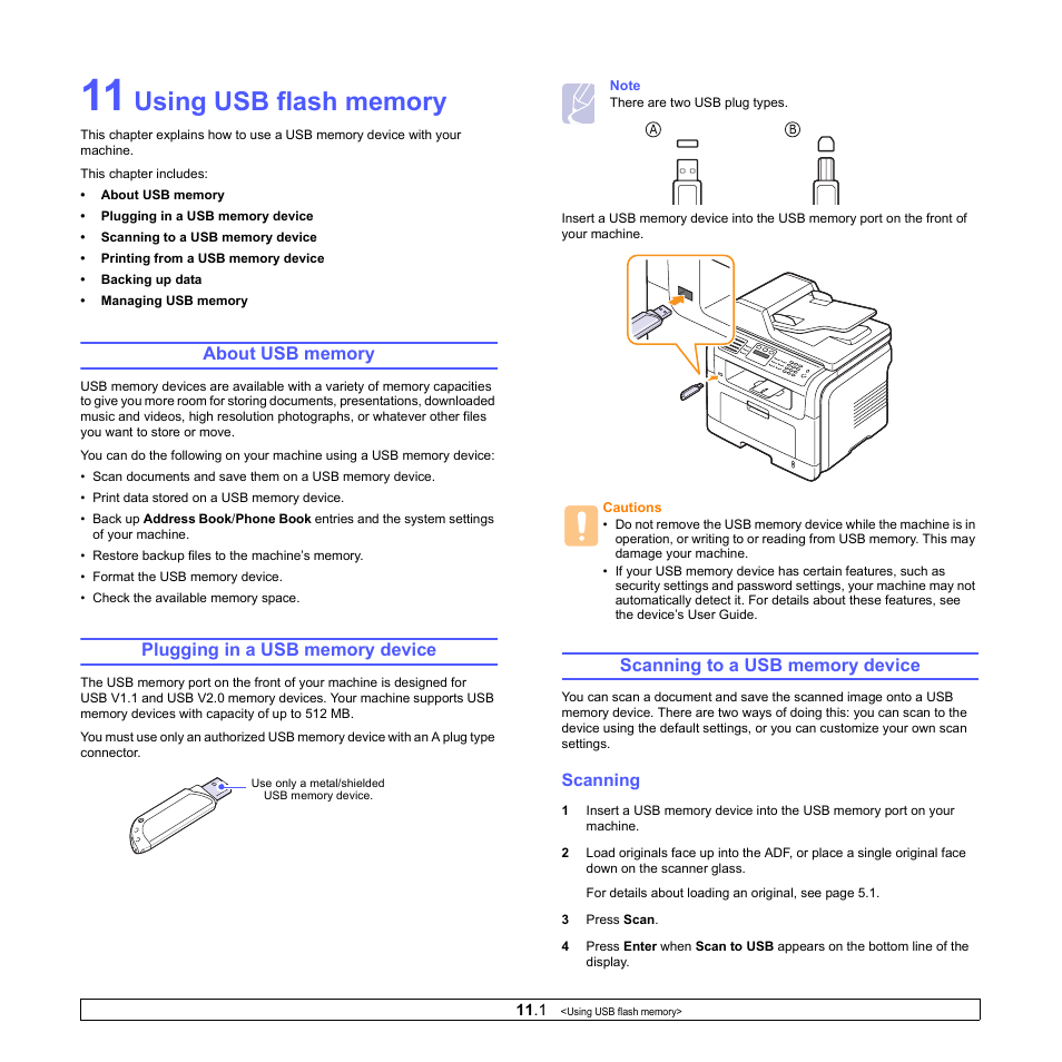 Using usb flash memory, About usb memory, Plugging in a usb memory device | Scanning to a usb memory device, Scanning | Xerox Phaser 3300MFP User Manual | Page 65 / 148