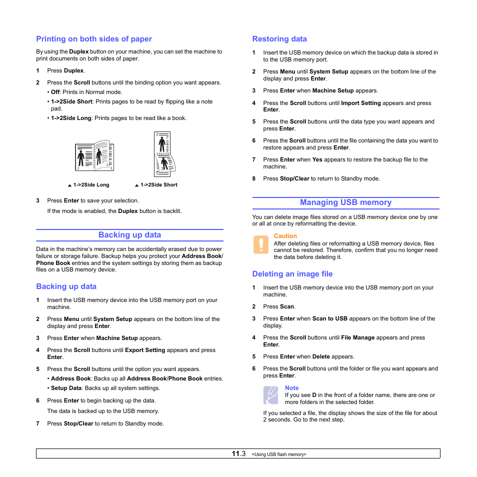 Printing on both sides of paper, Backing up data, Restoring data | Managing usb memory, Deleting an image file, Backing up data managing usb memory | Xerox Phaser 3300MFP User Manual | Page 67 / 148