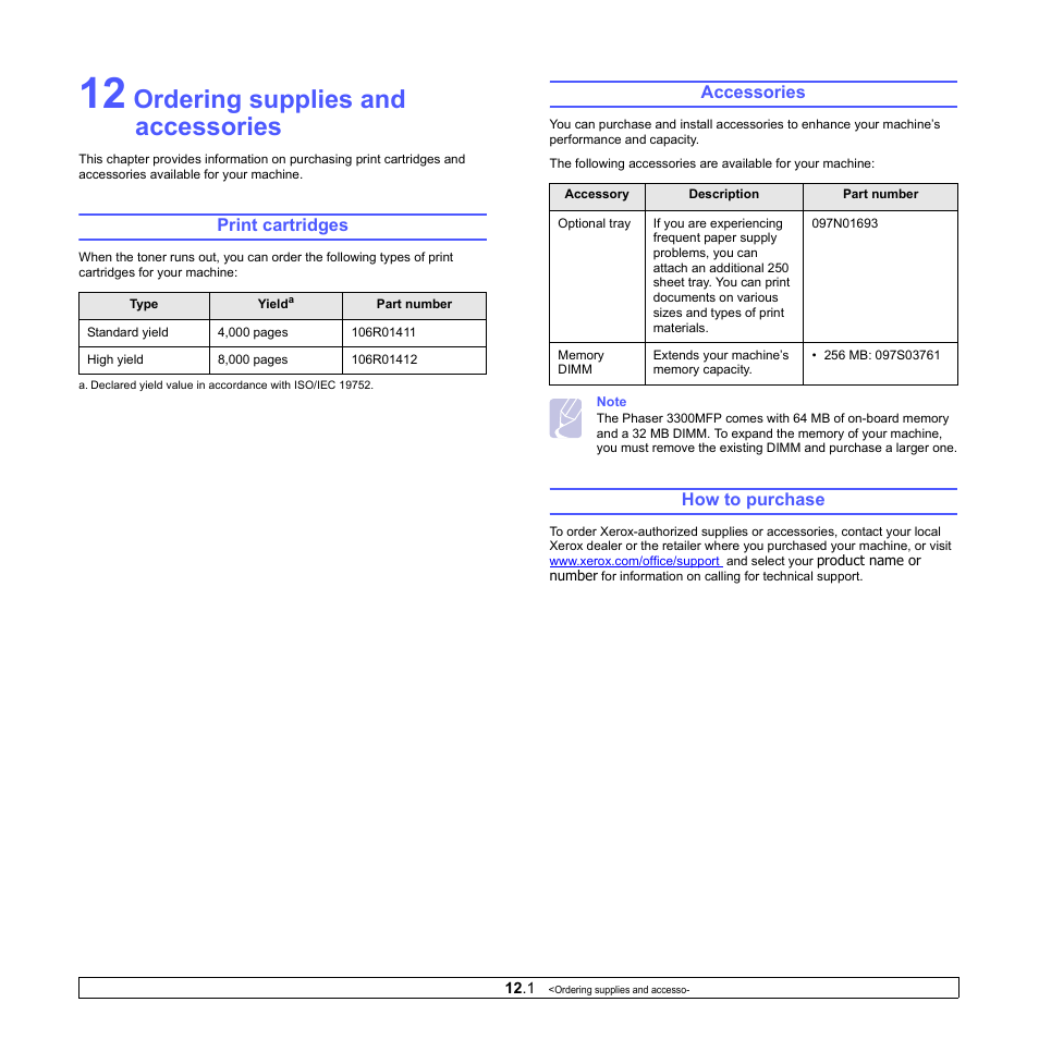 Ordering supplies and accessories, Print cartridges, Accessories | How to purchase, Print cartridges accessories how to purchase | Xerox Phaser 3300MFP User Manual | Page 69 / 148