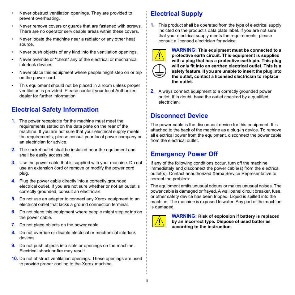 Electrical safety information, Electrical supply, Disconnect device | Emergency power off | Xerox Phaser 3300MFP User Manual | Page 7 / 148