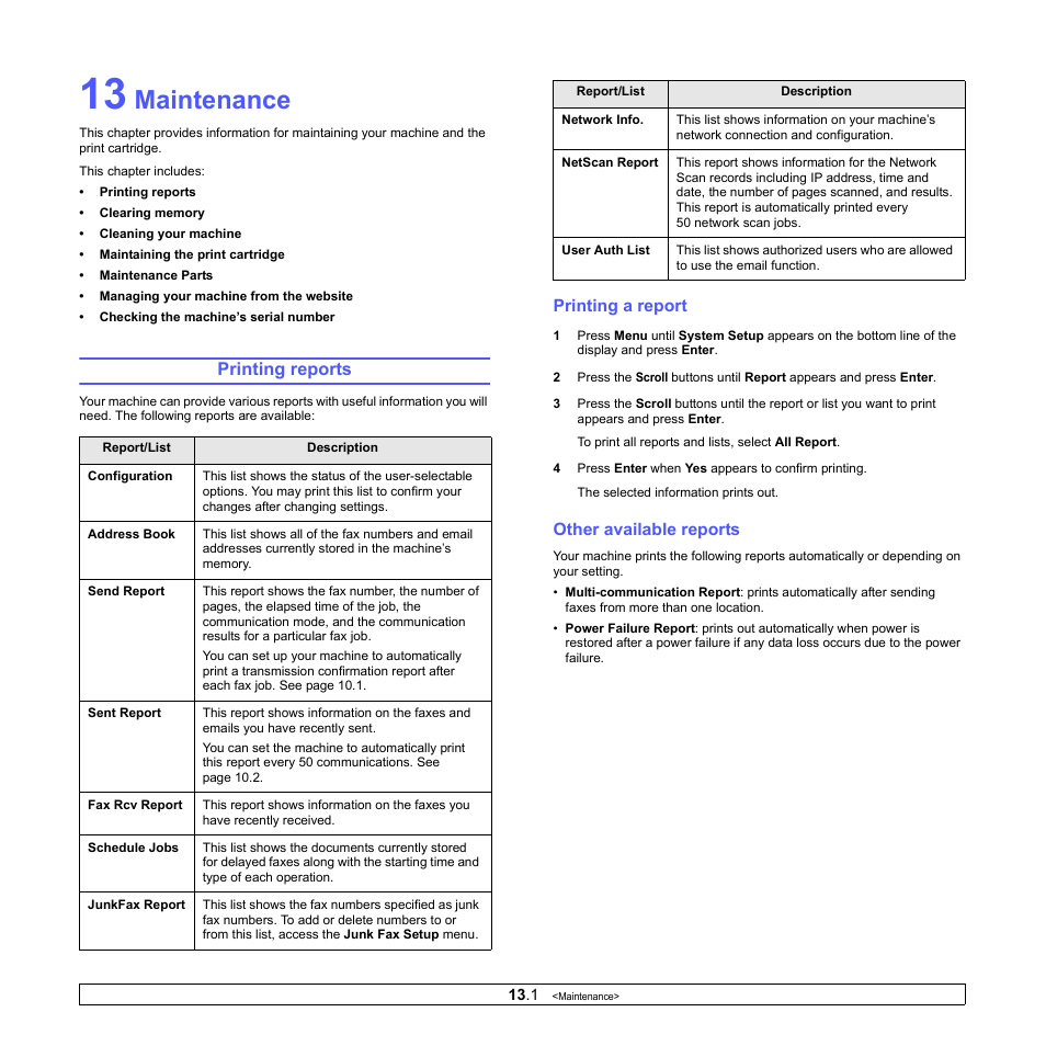 Maintenance, Printing reports, Printing a report | Other available reports | Xerox Phaser 3300MFP User Manual | Page 70 / 148