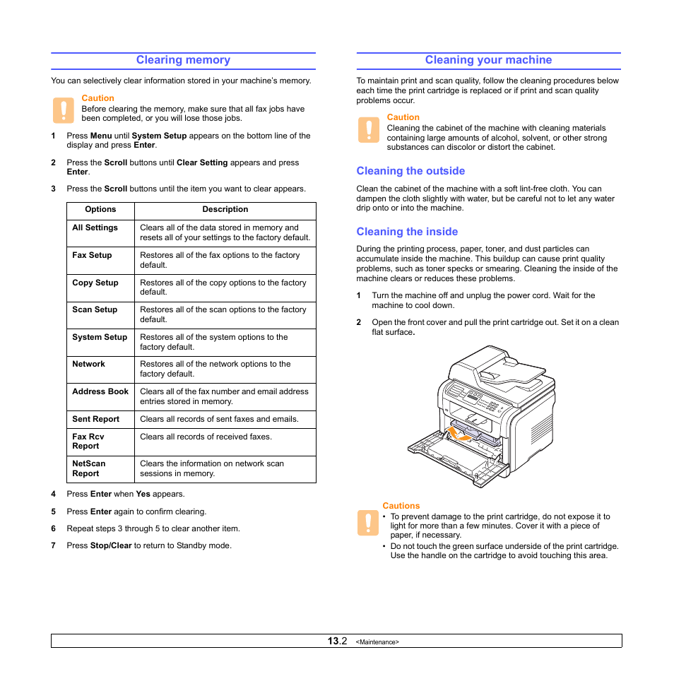 Clearing memory, Cleaning your machine, Cleaning the outside | Cleaning the inside, Clearing memory cleaning your machine | Xerox Phaser 3300MFP User Manual | Page 71 / 148