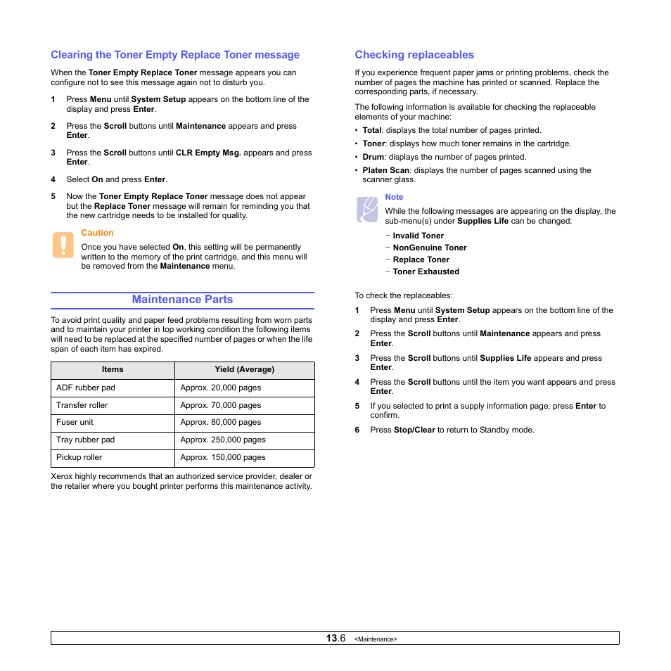 Clearing the toner empty replace toner message, Maintenance parts, Checking replaceables | Xerox Phaser 3300MFP User Manual | Page 75 / 148