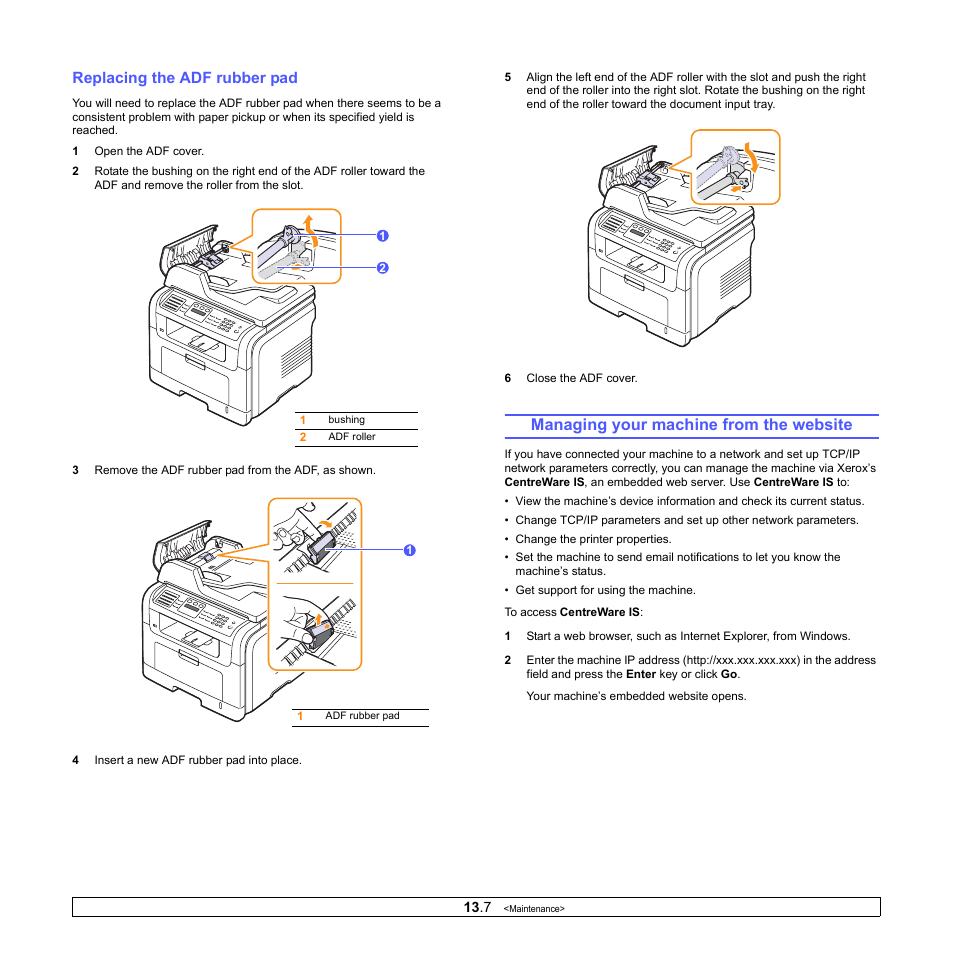 Replacing the adf rubber pad, Managing your machine from the website | Xerox Phaser 3300MFP User Manual | Page 76 / 148