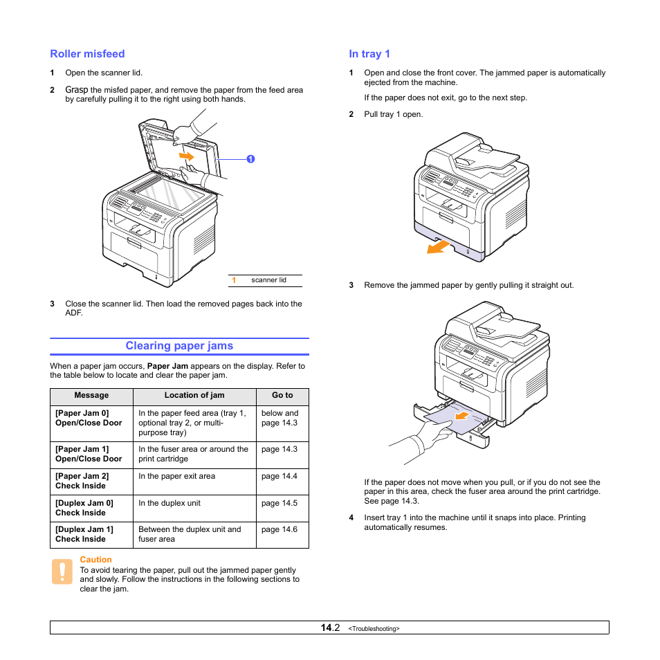 Roller misfeed, Clearing paper jams, In tray 1 | Xerox Phaser 3300MFP User Manual | Page 79 / 148