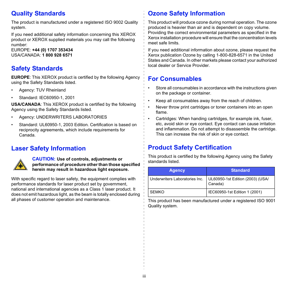 Quality standards, Safety standards, Laser safety information | Ozone safety information, For consumables, Product safety certification | Xerox Phaser 3300MFP User Manual | Page 8 / 148