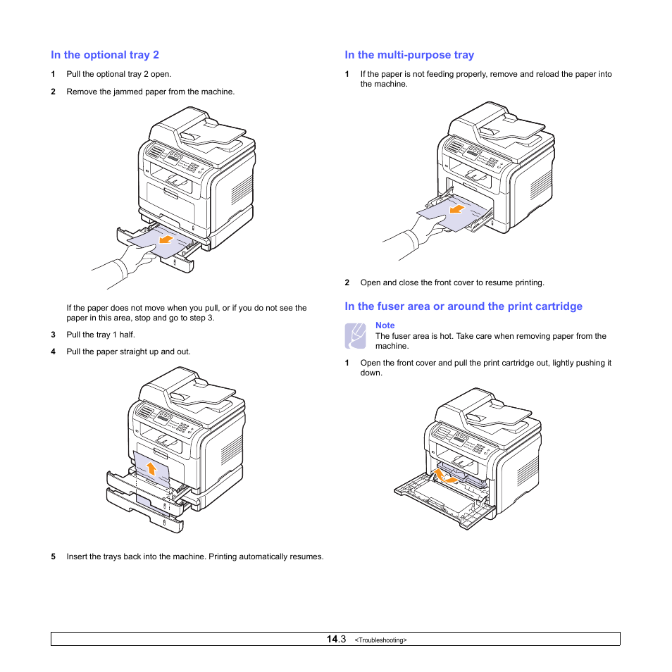 In the optional tray 2, In the multi-purpose tray, In the fuser area or around the print cartridge | Xerox Phaser 3300MFP User Manual | Page 80 / 148