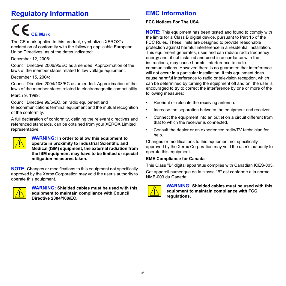 Regulatory information, Emc information | Xerox Phaser 3300MFP User Manual | Page 9 / 148