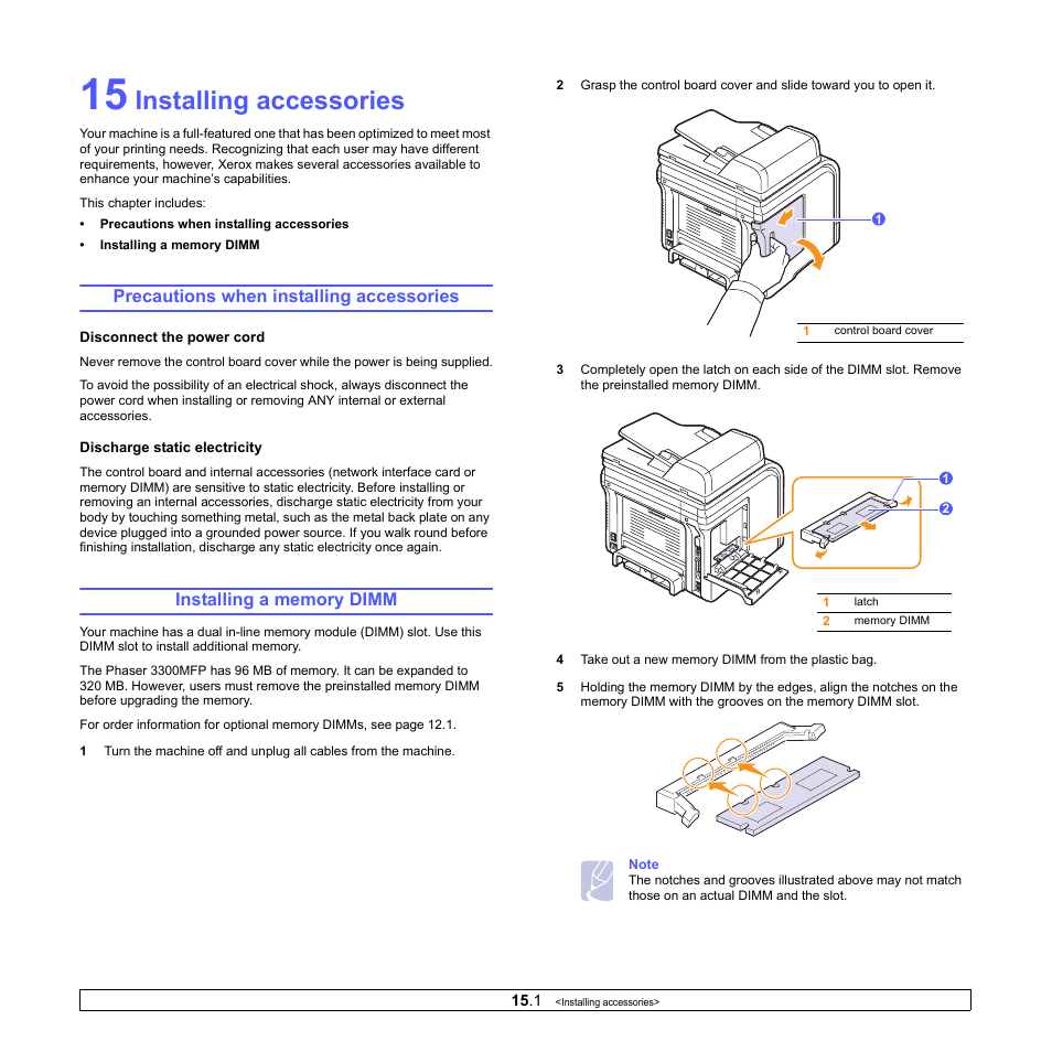 Installing accessories, Precautions when installing accessories, Installing a memory dimm | Xerox Phaser 3300MFP User Manual | Page 98 / 148