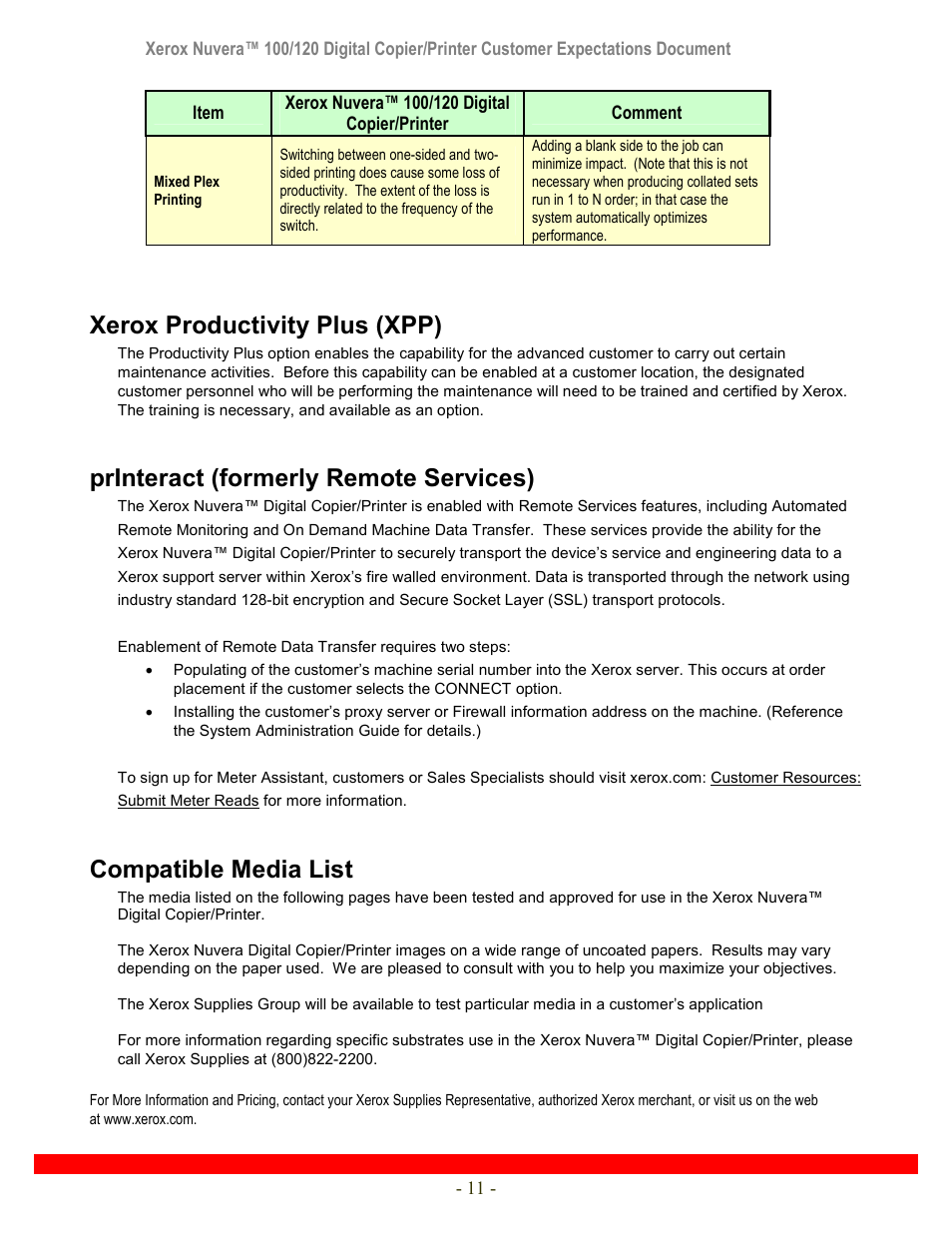 Xerox productivity plus (xpp), Printeract (formerly remote services), Compatible media list | Xerox Nuvera 120 User Manual | Page 11 / 34