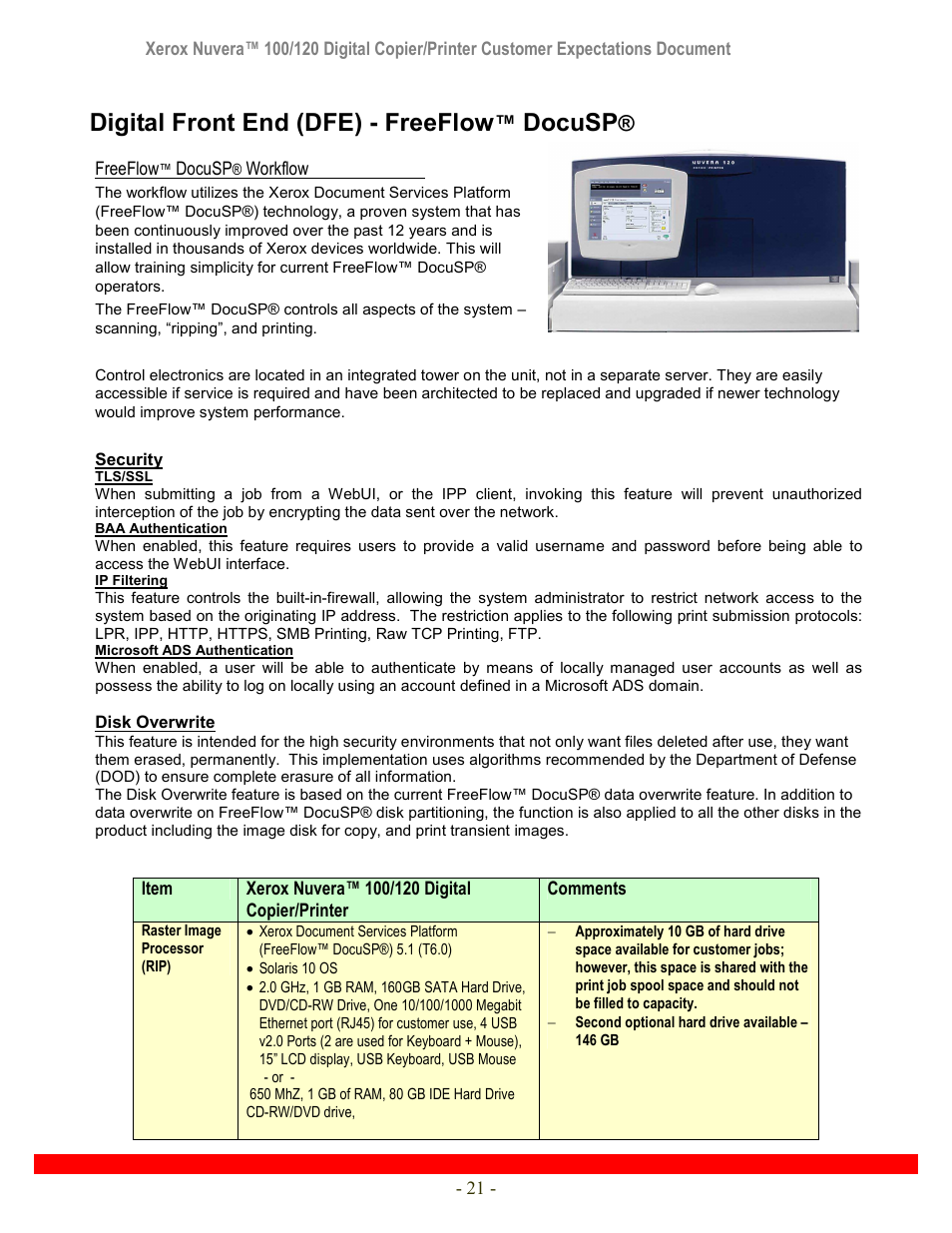 Digital front end (dfe) - freeflow, Docusp | Xerox Nuvera 120 User Manual | Page 21 / 34