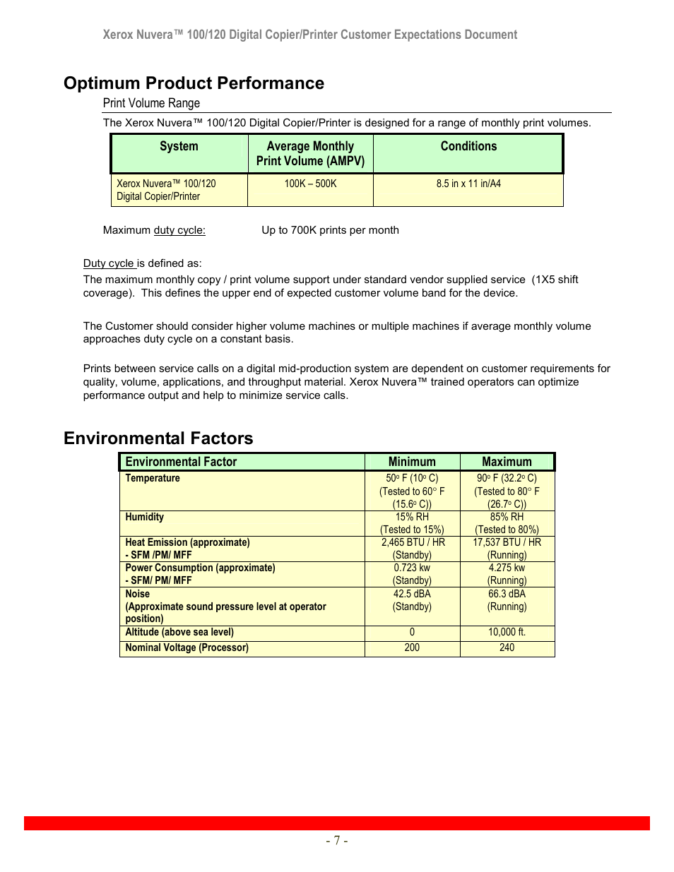 Optimum product performance, Environmental factors | Xerox Nuvera 120 User Manual | Page 7 / 34