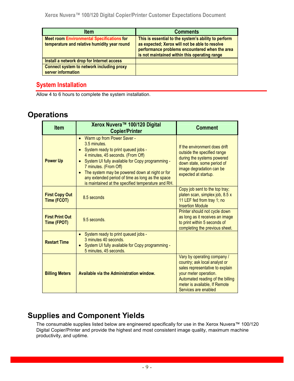 Operations, Supplies and component yields, System installation | Xerox Nuvera 120 User Manual | Page 9 / 34