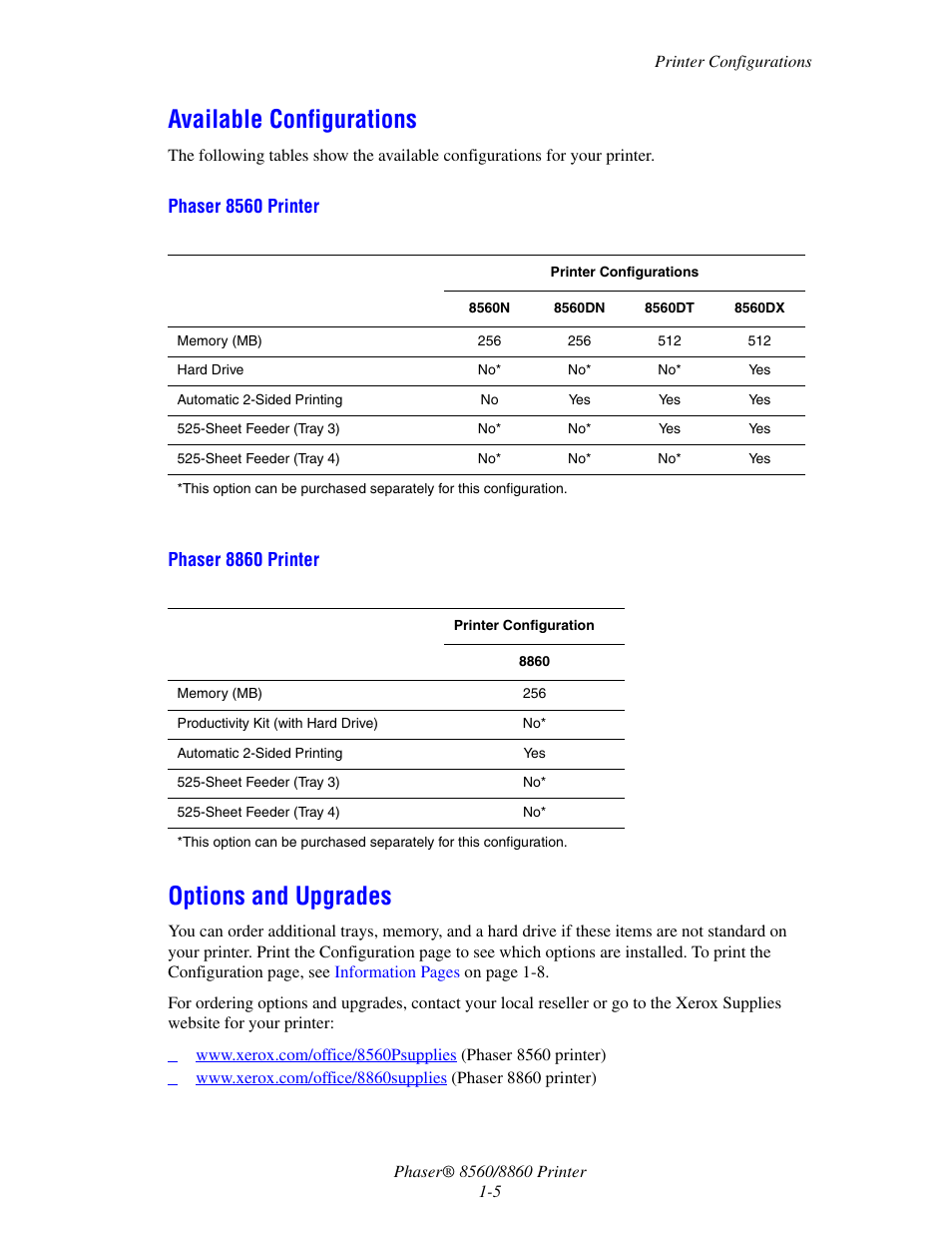 Available configurations, Options and upgrades | Xerox 8560 User Manual | Page 10 / 167