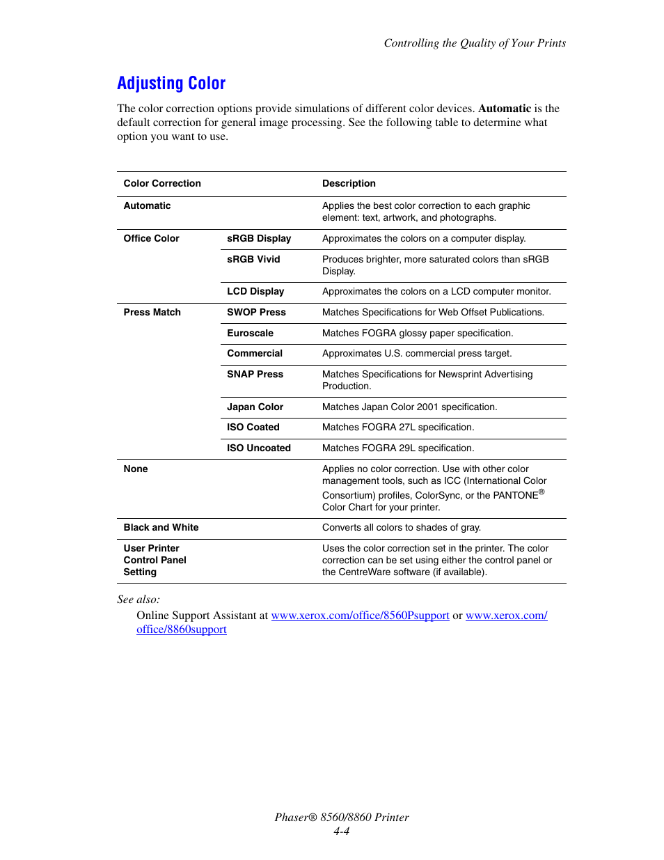 Adjusting color, Adjusting color -4 | Xerox 8560 User Manual | Page 101 / 167