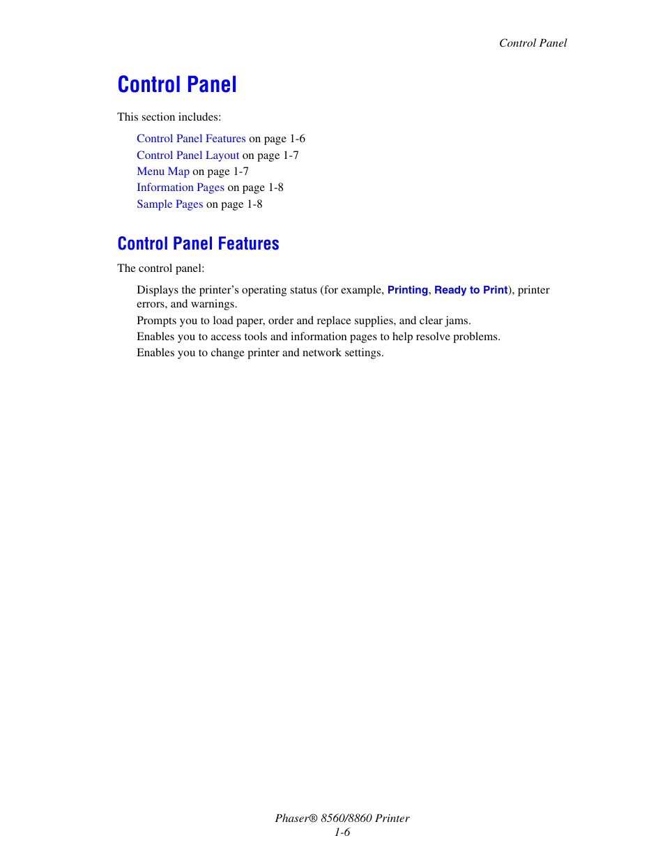 Control panel, Control panel features, Control panel -6 | Control panel features -6 | Xerox 8560 User Manual | Page 11 / 167