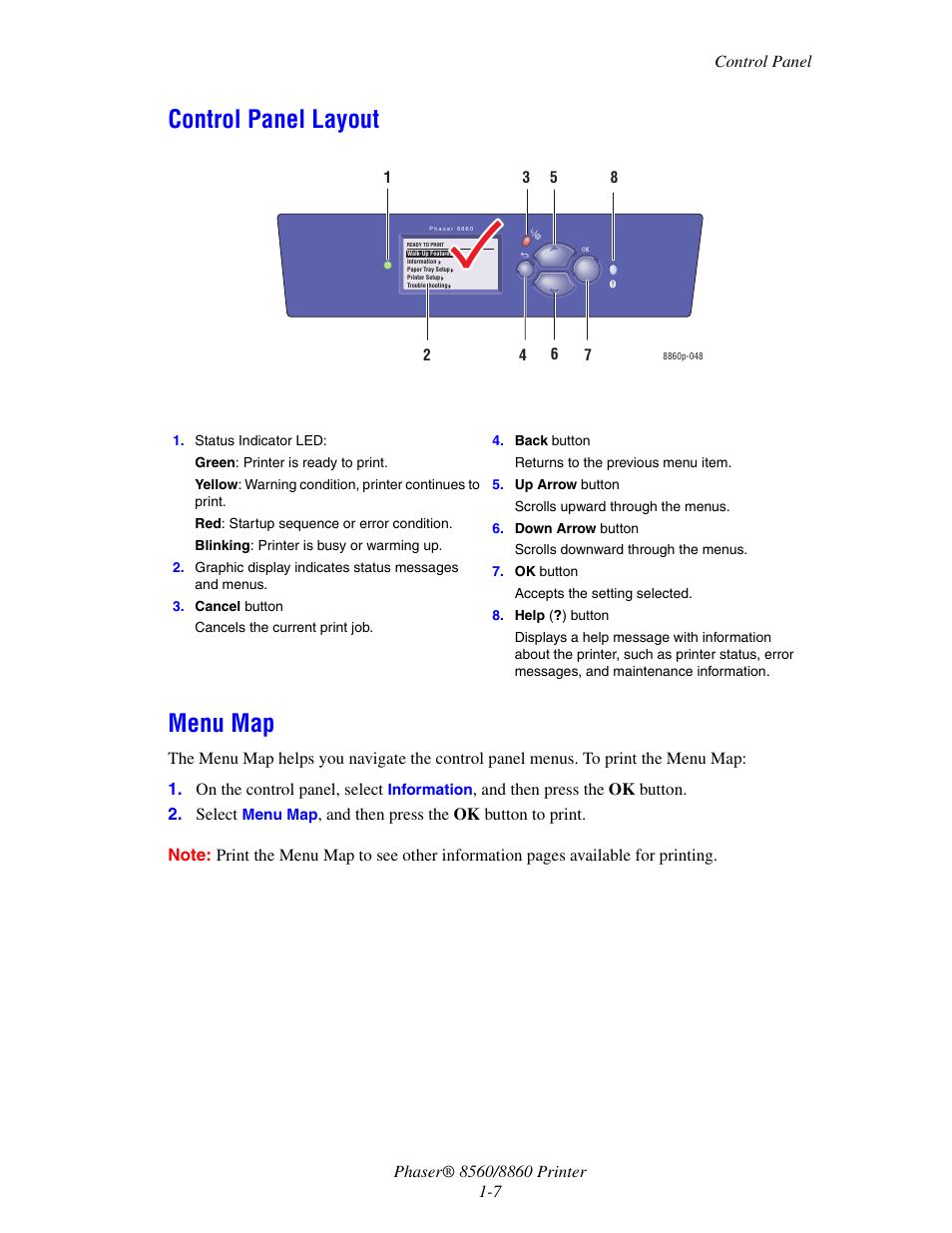 Control panel layout, Menu map, Control panel layout -7 menu map -7 | Control panel layout menu map | Xerox 8560 User Manual | Page 12 / 167